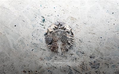 Starbucks stone logo, 4K, stone background, Starbucks 3D logo, brands, logo sketches, Starbucks logo, grunge art, Starbucks