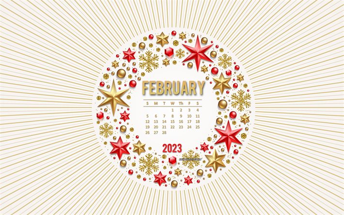 calendário de fevereiro de 2023, 4k, moldura dourada de natal, calendários 2023, fevereiro, decorações de natal douradas, 2023 conceitos, modelo de natal