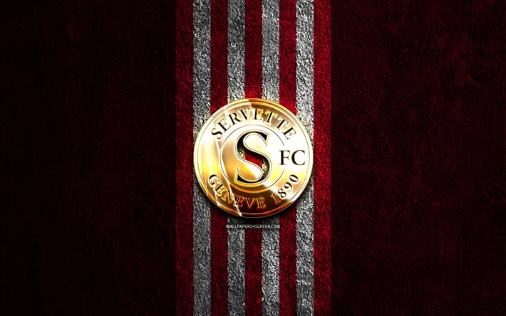 logotipo dorado del servette fc, 4k, fondo de piedra roja, superliga suiza, club de fútbol suizo, logotipo de servette fc, fútbol, emblema del servette fc, servette fc