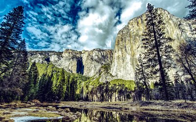 Yosemite National Park, rocks, HDR, summer, valley, mountains, river, California, America, beautiful nature, american landmarks, USA