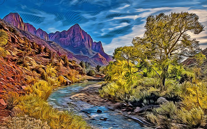 Zion National Park, 4k, vector art, canyon, Zion drawings, mountain landscape, creative art, USA