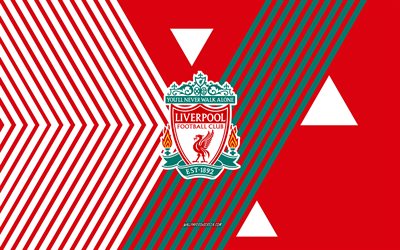 logotipo do liverpool fc, 4k, time de futebol inglês, fundo de linhas brancas vermelhas, liverpool fc, liga premiada, inglaterra, arte de linha, emblema do liverpool fc, futebol, liverpool