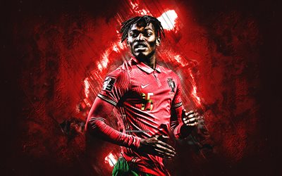 Rafael Leao, Portugal national football team, Portuguese football player, portrait, red stone background, Portugal, football