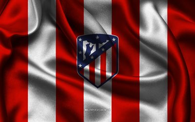 4k, Atletico Madrid logo, red white silk fabric, Spanish football team, Atletico Madrid emblem, La Liga, Atletico Madrid, Spain, football, Atletico Madrid flag