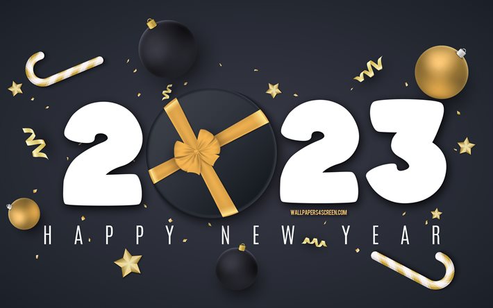 Happy New Year 2023, 4k, 2023 black background, black gift box with golden bow, 2023 Happy New Year, 2023 concepts, 2023 template, 2023 greeting card