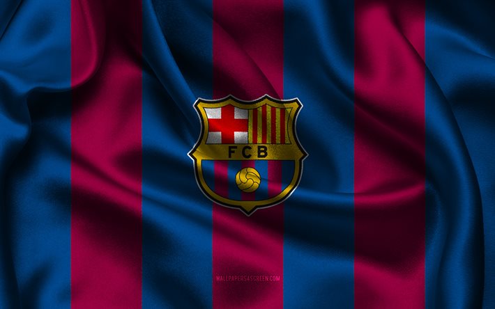4k, logotipo do barcelona fc, tecido de seda azul bordô, time de futebol espanhol, emblema do barcelona fc, la liga, barcelona fc, espanha, futebol, bandeira do barcelona fc, barcelona