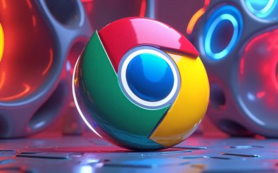 Google Chrome 3D logo, 4k, bokeh, colorful creative background, colorful neon lights, artwork, Google Chrome colorful logo, geometric art, Google Chrome logo, internet browsers, Google Chrome