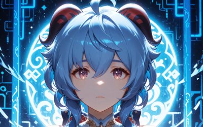 4k, ganyu, luces de neón azules, impacto de genshin, fondo abstracto azul, personajes de anime, obra de arte, personajes de impacto de genshin, impacto de ganyu genshin