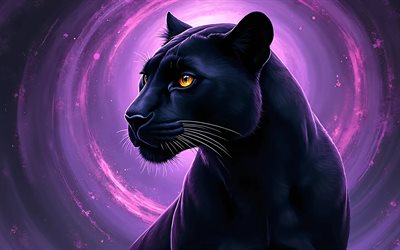 dipinto pantera nera, 4k, sfondo astratto viola nero, animali disegnati, opera d'arte, pantera nera arte, animali astratti, pantera nera, animali dei cartoni animati, pantere nere