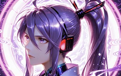 kamui gakupo, 4k, fondo abstracto violeta, vocaloide, kimono, luces de neón, personajes vocaloides, manga, ojos violetas, espada, kamui gakupo vocaloid