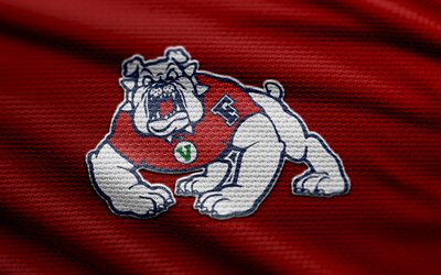 프레즈노 스테이트 불독스 패브릭 로고, 4k, 빨간색 패브릭 배경, ncaa, 보케, 미식 축구, 프레즈노 주립 불독스 로고, 프레즈노 주립 불독스 엠블럼, 마운틴 웨스트, 프레즈노 주립 불독스
