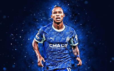 4k, igor paixão, fechar se, luzes de néon azuis, marselha, liga 1, futebolistas brasileiros, igor paixão 4k, futebol, olímpico de marselha, olympique de marselha fc, igor paixão marselha