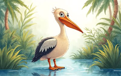 4k, pelicano, natureza abstrata, arte em aquarela, pássaros fofos, pintar arte, criativo, pelicanos, pássaros de desenhos animados, pelicano fofo, obra de arte, pelicano dos desenhos animados