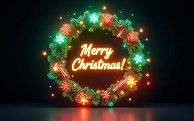 Christmas neon wreath, 4k, Merry Christmas, dark background, neon illumination, Christmas wreath, Christmas concepts, Christmas decorations, Merry Christmas greeting card