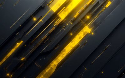 4k, sfondo astratto nero giallo, geometria, progettazione dei materiali, luci al neon gialle, sfondi astratti, sfondi geometrici, opera d'arte, astrazioni, sfondi hi tech neri