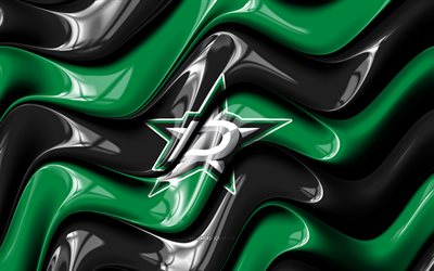 dallas yıldızları 3d logosu, 4k, siyah yeşil 3d dalgalar, nhl, hokey, dallas yıldızları bayrağı, yaratıcı, dallas yıldızları logosu, dallas yıldızları amblemi, amerikan hokey takımı, dallas yıldızları