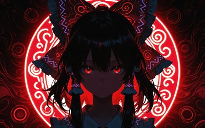 4k, reimu hakurei, oscuridad, fondo abstracto rojo, touhou, protagonista, hakurei reimu, manga japonés, personajes de anime, proyecto touhou, personajes touhou, reimu hakurei touhou