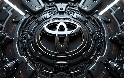 4k, Toyota metal logo, darkness, bokeh, black mechanical backgrounds, cars brands, Toyota 3D logo, creative, Toyota logo, Toyota