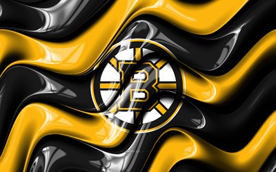 logotipo 3d de los bruins de boston, 4k, ondas 3d amarillas negras, nhl, hockey, bandera de los bruins de boston, creativo, logotipo de los bruins de boston, emblema de los bruins de boston, equipo de hockey americano, bruins de boston
