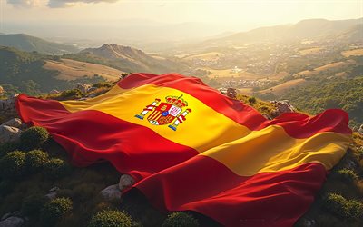 bandera de españa, 4k, noche, atardecer, paisaje español, bandera española, europa, españa