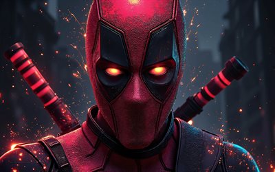 4k, Deadpool, fiery eyes, 3D art, darkness, Marvel Comics, portrait, Deadpool 3D, superheroes, artwork, Deadpool art, creative, Deadpool 4K