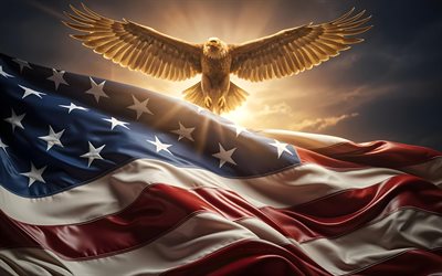 4k, águia careca, obra de arte, bandeira dos eua, aves de rapina, bokeh, símbolo dos eua, arte da águia careca, bandeira americana, 4 de julho, águias, eua, quatro de julho, bandeira de tecido dos eua