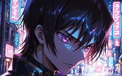 lelouch lamperouge, 4k, straße, nacht, code geass, porträt, manga, code geass charaktere, protagonist, lelouch lamperouge code geass, lelouch vi britannia