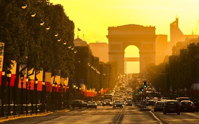 por la noche, los coches, la calle, París, Francia, el Arco de Triunfo
