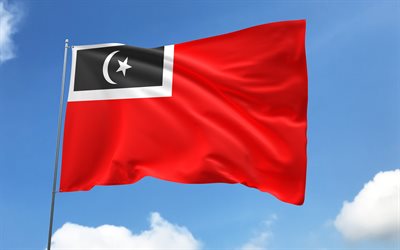 علم منطقة بيسوت على سارية العلم, 4k, المناطق الماليزية, السماء الزرقاء, علم منطقة بيسوت, أعلام الساتان المتموج, مناطق ماليزيا, سارية العلم مع الأعلام, يوم besut district, ماليزيا, منطقة بيسوت