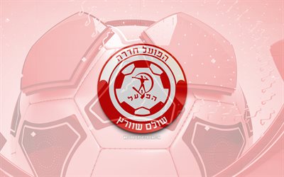 Hapoel Hadera glossy logo, 4K, red football background, Ligat HaAl, soccer, Israeli football club, Hapoel Hadera emblem, Hapoel Hadera, football, Israeli Premier League, Hapoel Hadera logo, Hapoel Hadera FC