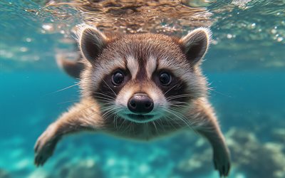 アライグマの水中, 面白い動物, ラクーン, 湖, かわいい動物, 野生生物, アライグマ