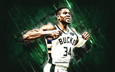 giannis antetokounmpo, 밀워키 벅스, 그리스 농구 선수, 녹색 돌 배경, 그런지 예술, nba, 미국, 농구, antetokounmpo milwaukee bucks