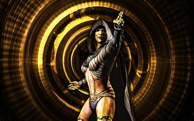 DVorah, 4k, yellow spiral background, Mortal Kombat Mobile, creative, Mortal Kombat, DVorah MK Mobile, Mortal Kombat characters