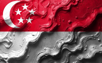 singapore flagga, 4k, stenvågstruktur, singapore flagg, 3d singapore flagga, asien, flaggor från asiatiska länder, singapore