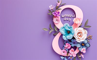 happy 8 märz, 4k, 3d  ziffern, happy womens day, violettes hintergrund, 8 märz vorlage, internationaler frauentag, 8 märz grußkarte, lila rosen, 8 märz