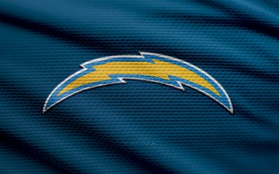 logo del tessuto di los angeles chargers, 4k, sfondo in tessuto blu, nhl, bokeh, hockey, logo di los angeles chargers, emblema dei caricabatterie di los angeles, american hockey club, chargers di los angeles