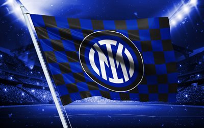 4k, Inter Milan logo, Italian football club, stadium flag, Inter Milan fans flag, blue black flag, Inter Milan emblem, Serie A, Italy, football, FC Internazionale, Inter Milan FC