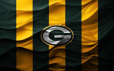 4k, green bay packers logo, grün gelber 3d  hintergrund, green bay packers emblem, los angeles rams flagge, 3d  textur, nfl, usa, green bay packers, amerikanischer fußball