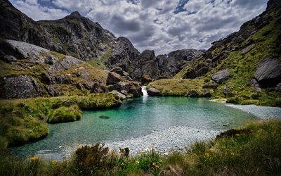bergsee, wasserfall, gletschersee, gebirge, see, neuseeland