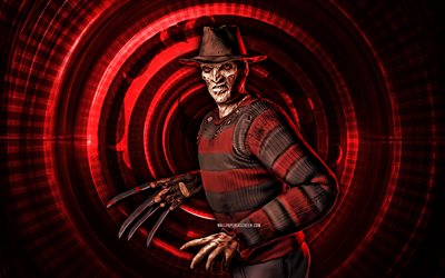 freddy krueger, 4k, contexte en spirale rouge, mortal kombat mobile, créatif, kombat mortel, freddy krueger mk mobile, personnages mortels de kombat