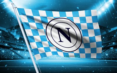 4k, logo ssc napoli, club di calcio italiano, flag di stadio, bandiera dei fan del napoli ssc, bandiera bianca blu, emblema ssc napoli, serie a, italia, calcio, napoli fc