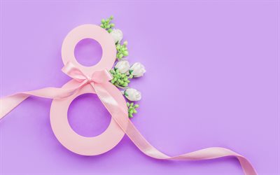 buon giorno delle donne, 8 marzo, sfondo viola, nastro di seta rosa, 8 marzo background, 8 marzo cartolina di auguri, rose bianche