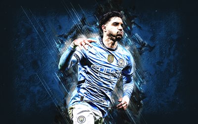 Omar Marmoush, Manchester City FC, Egyptian football player, blue stone background, grunge art, Omar Khaled Mohamed Marmoush, Premier League, England, football