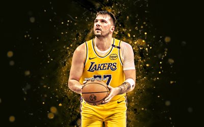 Luka Doncic, 4k, yellow neon lights, Los Angeles Lakers, NBA, Slovenian basketball players, Luka Doncic 4K, basketball, National Basketball Association, LA Lakers, Luka Doncic Lakers