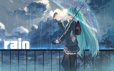 Hatsune Miku, cheveux bleu, la pluie, les oiseaux, un parapluie, une Vocaloid