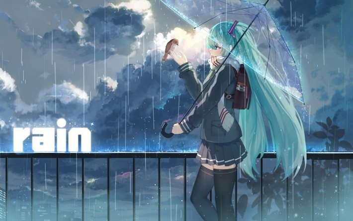 Hatsune Miku, mavi saç, yağmur, kuş, şemsiye, Vocaloid