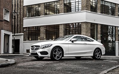 Mercedes-Benz, C-Class, Coupe, C205, 2016, AMG, city, white Mercedes, sports coupe