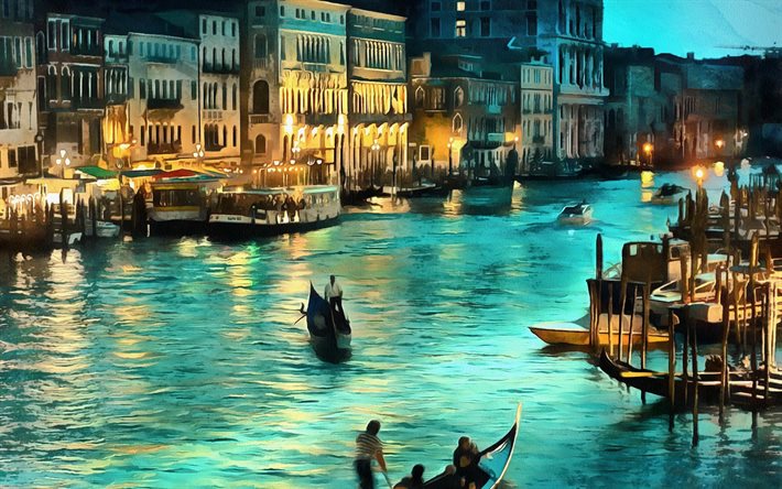 رسمت البندقية, إيطاليا, ليلة, جوندولا, البندقية, الصورة