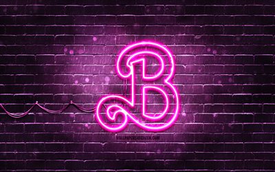 Barbie purple neon logo, 4K, movie logo, purple brickwall, creative, Barbie logo, artwork, Barbie neon logo, Barbie