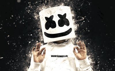DJ Marshmello, 4k, black abstract background, music stars, Christopher Comstock, Marshmello mask, american DJ, superstars, white neon lights, Marshmello, popular singers, DJs, Marshmello 4K